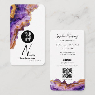 Carte De Visite Signature Agate Violet marbre or & Logo Code QR