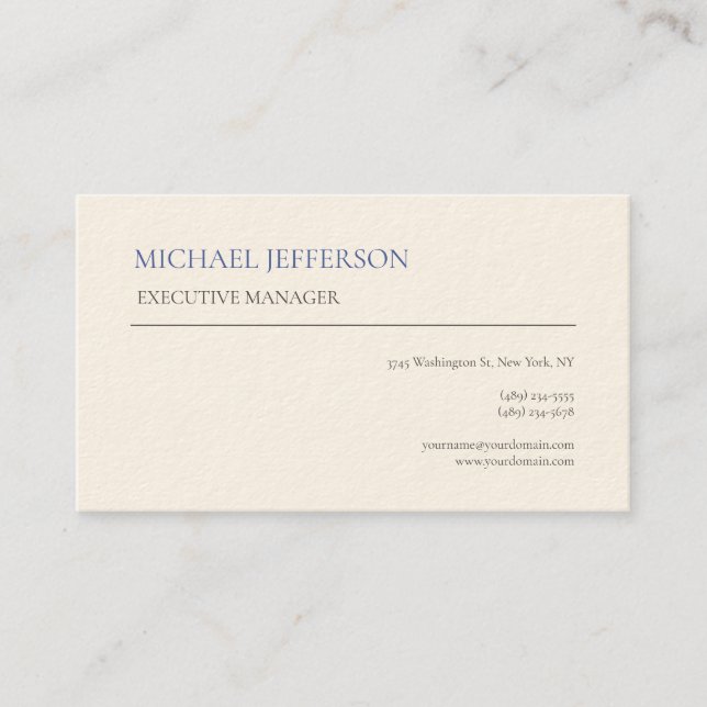 Carte De Visite Signature Crème Moderne Élégant Bleu Simple Blanc (Devant)
