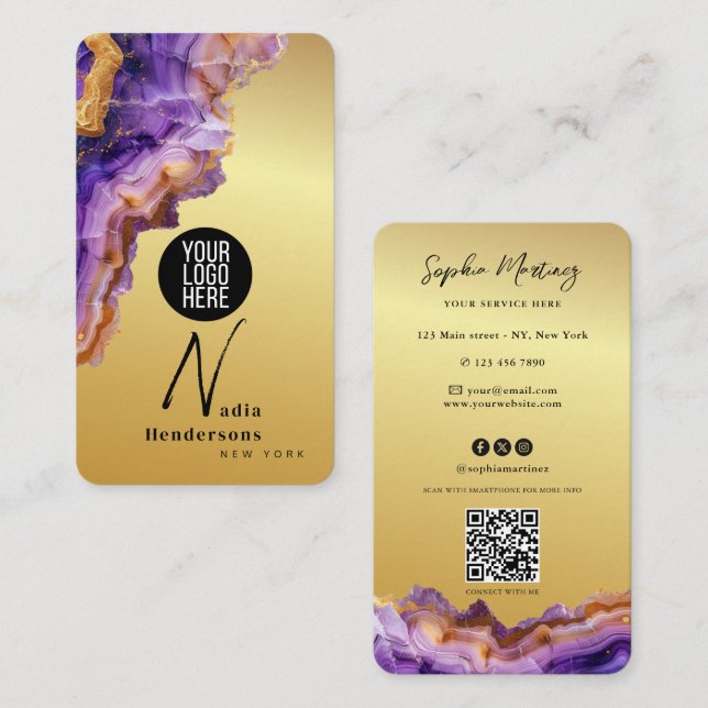 Carte De Visite Signature Purple Agate gold marble & QR Code Logo (Devant / Derrière)