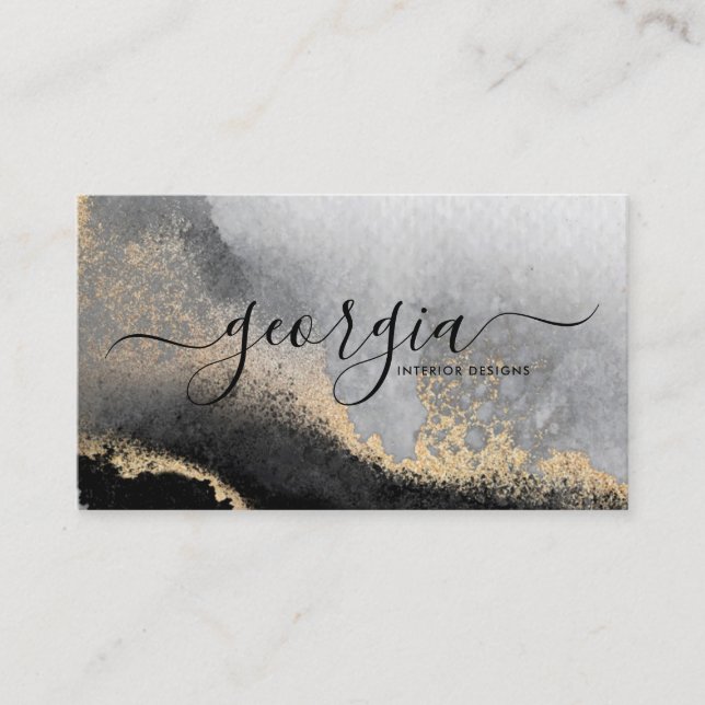 Carte De Visite Signature Script Aquarelle Noir Gris Or Marbre (Devant)