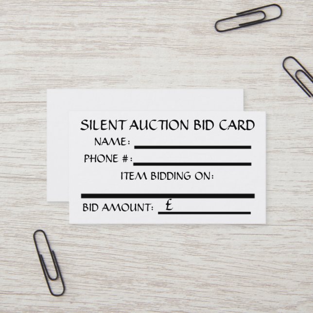Carte De Visite Silent Auction Bid Card (White) BRITISH POUND (Devant/Arrière en situation)