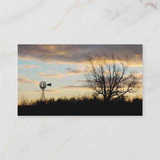 Carte De Visite Silhouette de ferme bordée d'arbres Sunrise Windmi (Devant)