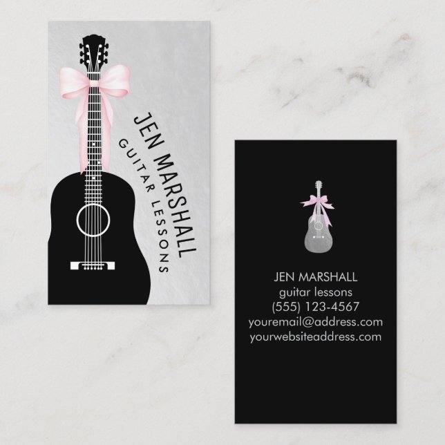 Carte De Visite silhouette de guitare arc rose sur fausse feuille  (Devant / Derrière)