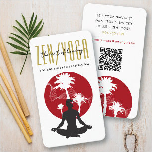 Carte De Visite Silhouette de Yoga Palmiers Tropicaux & Soleil Rou