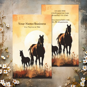 Carte De Visite Silhouette Mare et Foal Horse Sunset Equestre