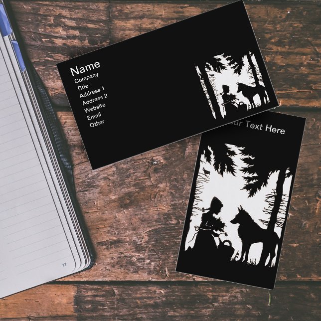Carte De Visite Silhouette Noire Rouge Hood Wolf Woods (Black silhouette on white Little Red Riding Hood in woods with wolf on business cards.)