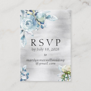 Carte De Visite Silver Dusty Blue Peony Mariage en ligne RSVP déta