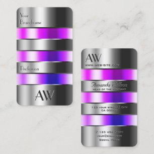 Carte De Visite Silver Glass Look rose violet fluides avec initial