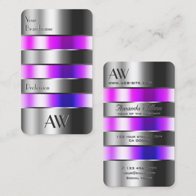 Carte De Visite Silver Glass Look rose violet fluides avec initial (Devant / Derrière)