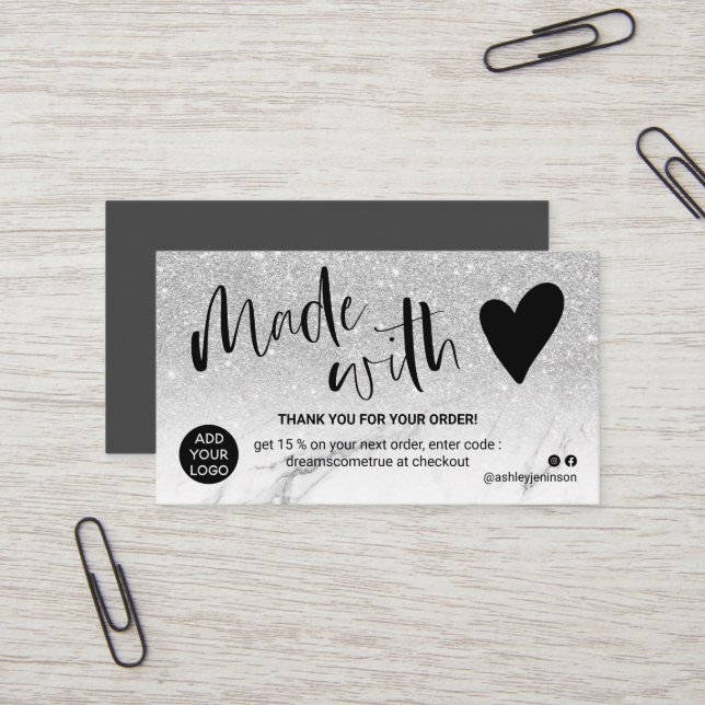Carte De Visite SIlver marbre blanc merci fait avec amour (Devant/Arrière en situation)
