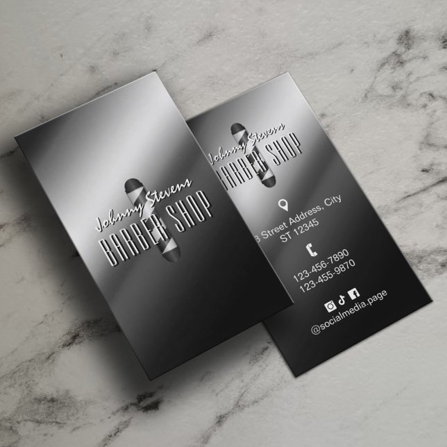 Carte De Visite Silver metal barber pole barbershop (Créateur téléchargé)