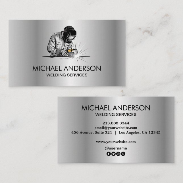 Carte De Visite Silver Metal Welding Fabrication Contractor Welder (Devant / Derrière)