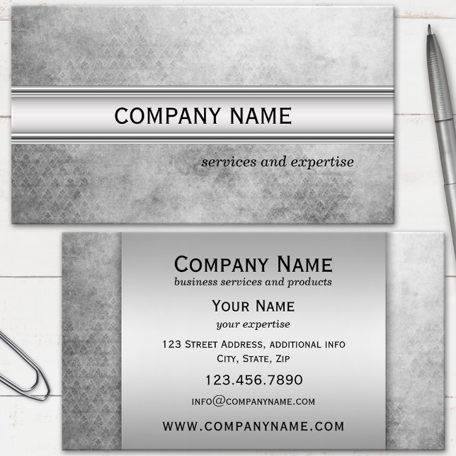 Carte De Visite Silver Metallic noir et blanc professionnel (Business card with silver grey metallic text fields on a grunge black and white background)