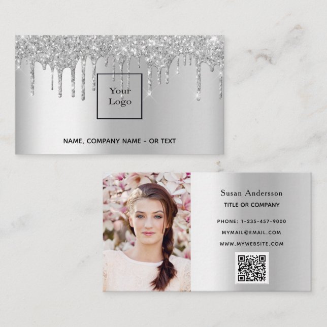 Carte De Visite Silver photo QR code parties scintillant gouttes f (Devant / Derrière)