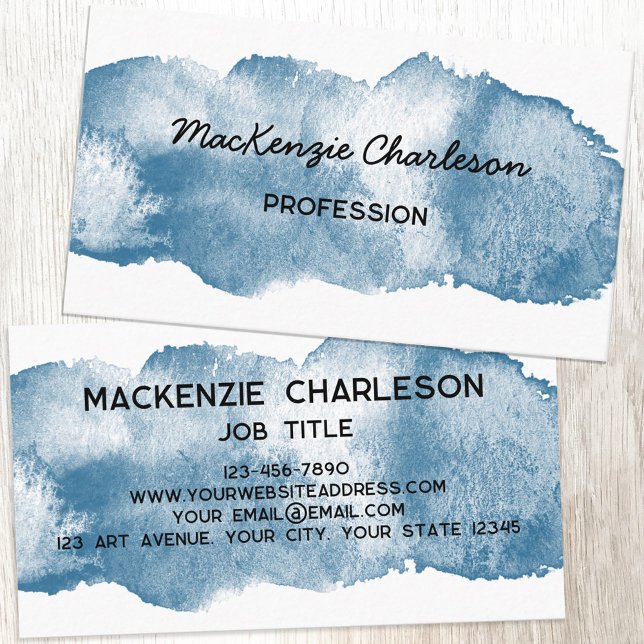 Carte De Visite Simple aquarelle Peinture Brushstroke Dusty Blue (Simple watercolor paint brushstroke custom text business card)