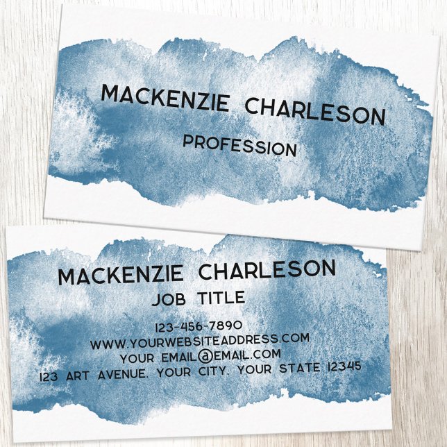 Carte De Visite Simple aquarelle Peinture Brushstroke Dusty Blue (Simple watercolor paint brushstroke custom text business card)