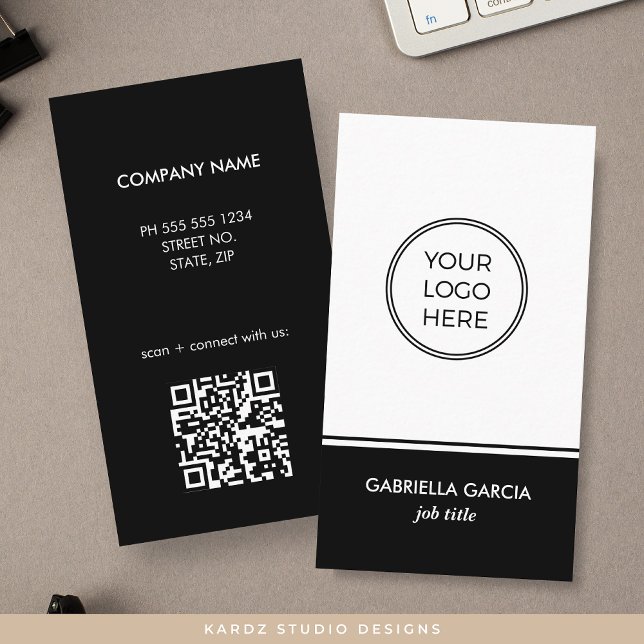 Carte de visite simple avec QR Code noir Logo (Image shows the front and back of the card, with square corners, size 3.5 x 2 inches. )