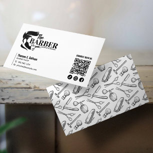 Carte De Visite Simple Black White Barber Shop HairStylist QR Code