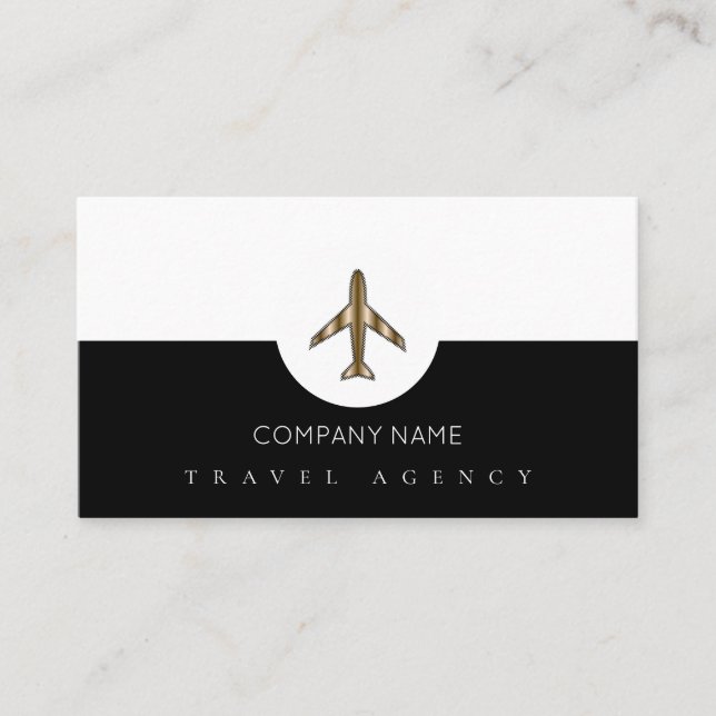 Carte De Visite Simple Black White Travel Agency + Avion (Devant)