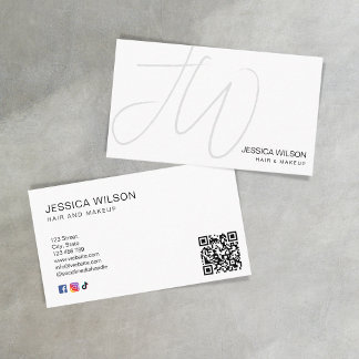 Carte De Visite Simple blanc moderne Monogramme minimum QR Code