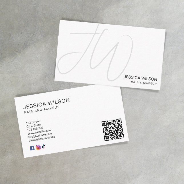 Carte De Visite Simple blanc moderne Monogramme minimum QR Code (simple monogram business card
)