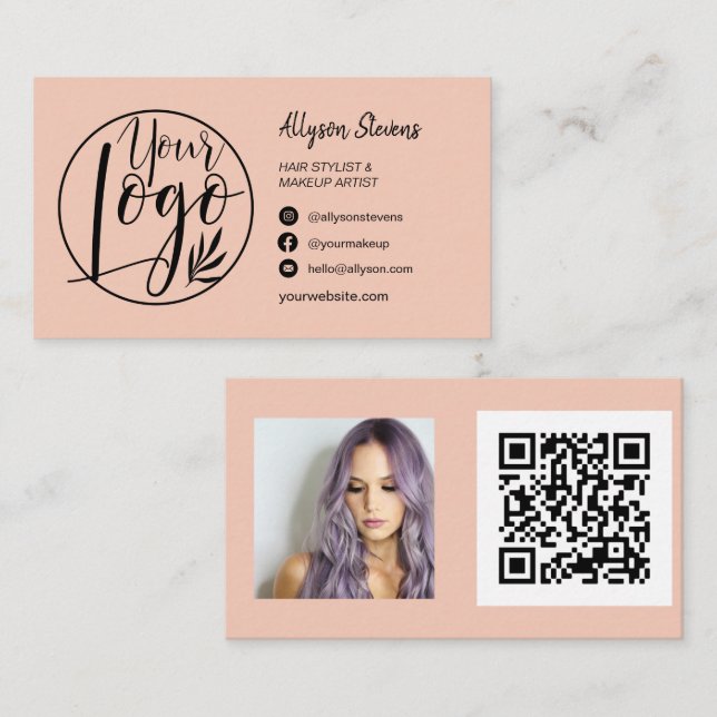 Carte De Visite Simple blush peach maquillage photo logo qr code (Devant / Derrière)