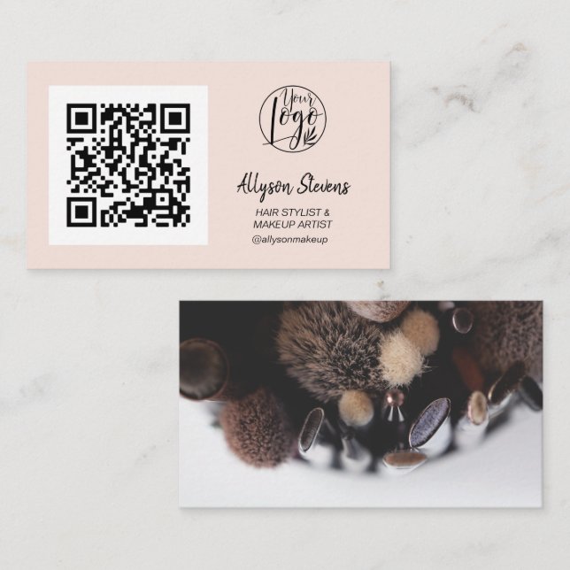 Carte De Visite Simple blush rose cheveux maquillage photo qr code (Devant / Derrière)