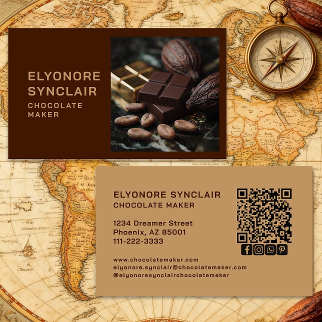 Carte De Visite Simple Brown Chocolate Maker Photo Social QR Code  (Créateur téléchargé)
