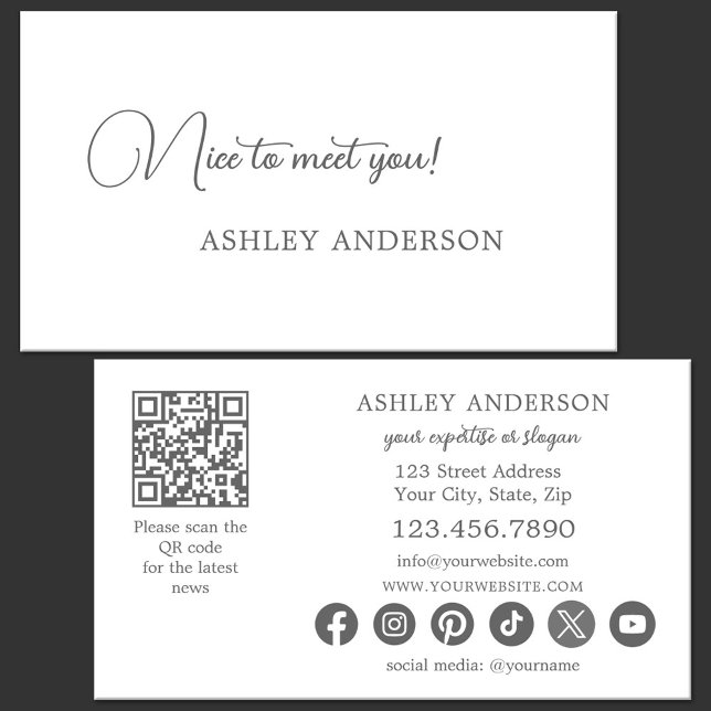Carte De Visite Simple Charbon Social Media Code QR (Modern minimalist business card in a simple style in charcoal colors - QR code - social media)