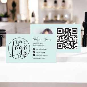 Carte De Visite Simple chic turquoise maquillage photo logo qr cod