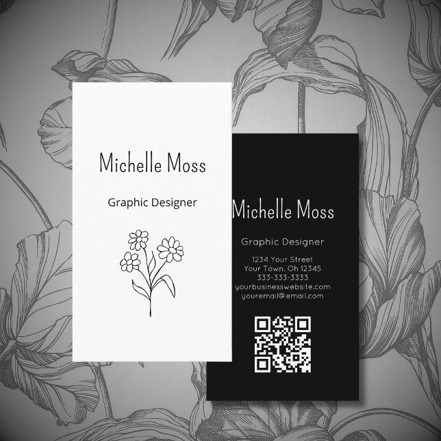 Carte De Visite Simple Daisy QR code Floral Graphic Designer  (Créateur téléchargé)