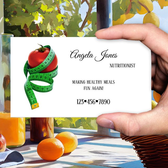 Carte de visite simple de diététiste-nutritionnist (A simple business card for a nutritional therapist or dietitian with a tomato with measuring tape)
