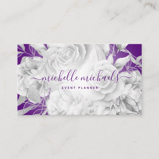 Carte De Visite Simple Floral Purple & Silver Script moderne (Devant)