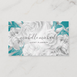 Carte De Visite Simple Floral Turquoise & Silver Script moderne