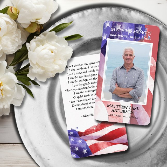 Carte De Visite Simple Funeral Memorial Photo US Flag Prayer Card (United States flag funeral photo memorial prayer cards with a poem on the back)