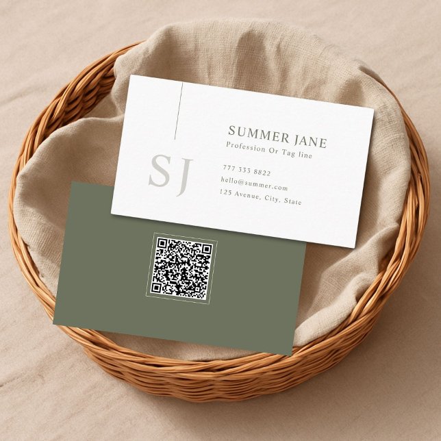 Carte De Visite Simple Modern Minimalist Sage Green QR Code  (Créateur téléchargé)