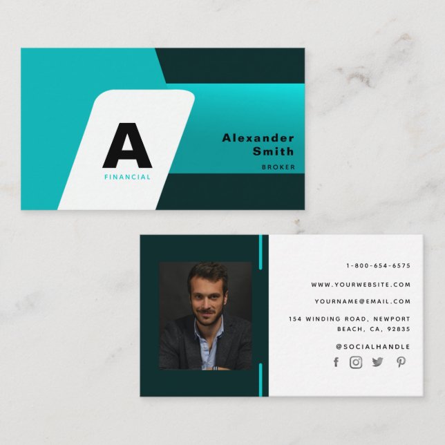 Carte De Visite Simple moderne Aqua Blue Logo Photo professionnell (Devant / Derrière)