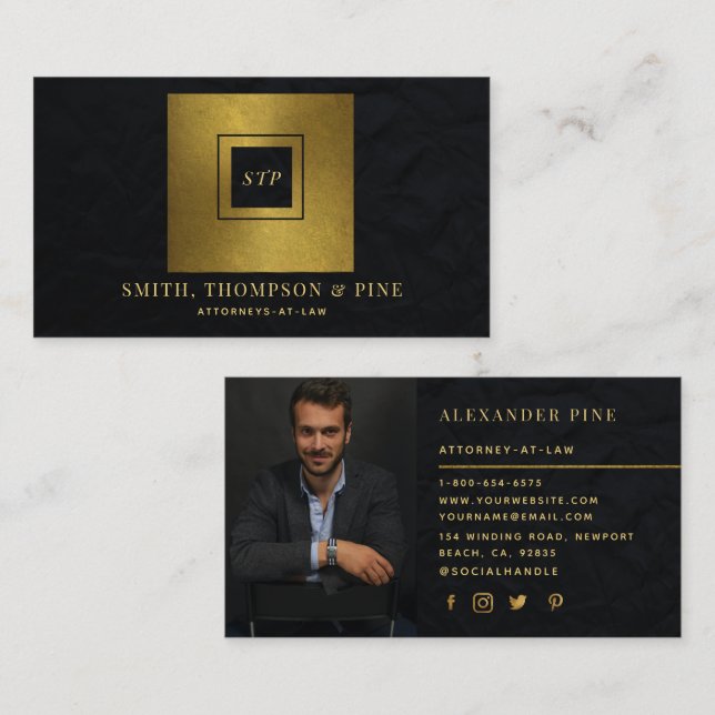 Carte De Visite Simple moderne Black Gold Carré photo professionne (Devant / Derrière)
