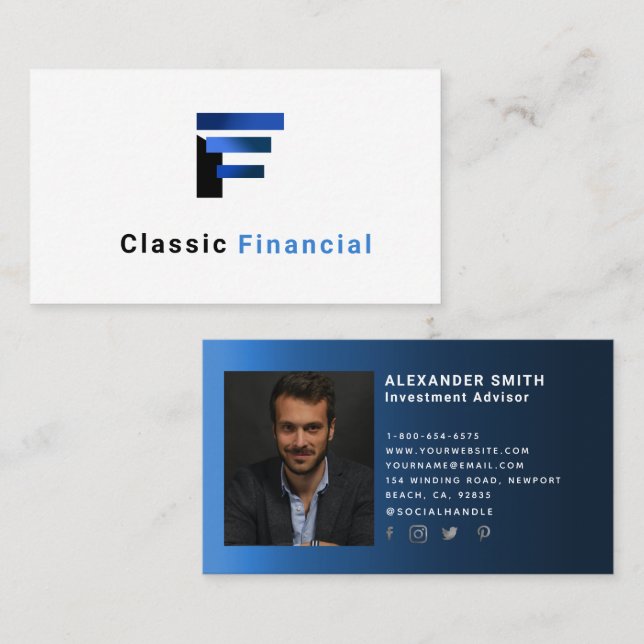 Carte De Visite Simple moderne Blue Financial Photo Professionnel (Devant / Derrière)