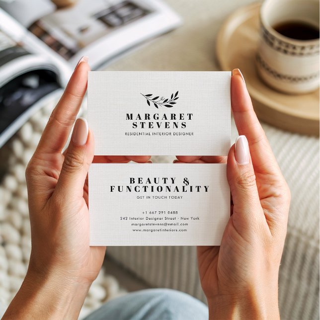 Carte De Visite Simple moderne lin beige doux élégant logo de bran (Simple modern soft beige linen elegant branch logo)