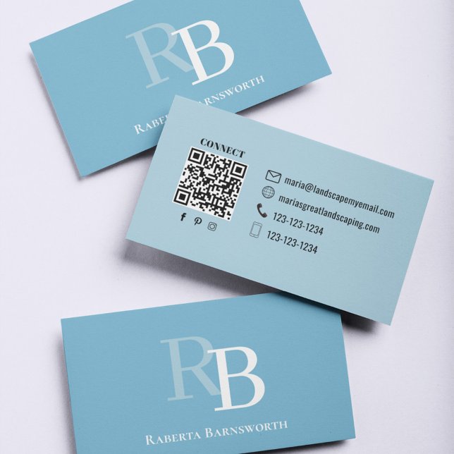 Carte De Visite Simple Monogram Blue QR Code | Connect with Me (Simple blue modern monogram  business card.)