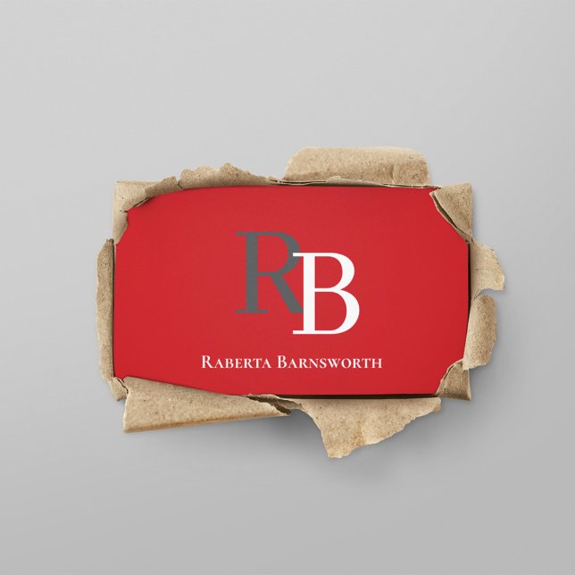 Carte De Visite Simple Monogram QR Code Red | Connect with Me (Red and grey business card with simple monogram.)