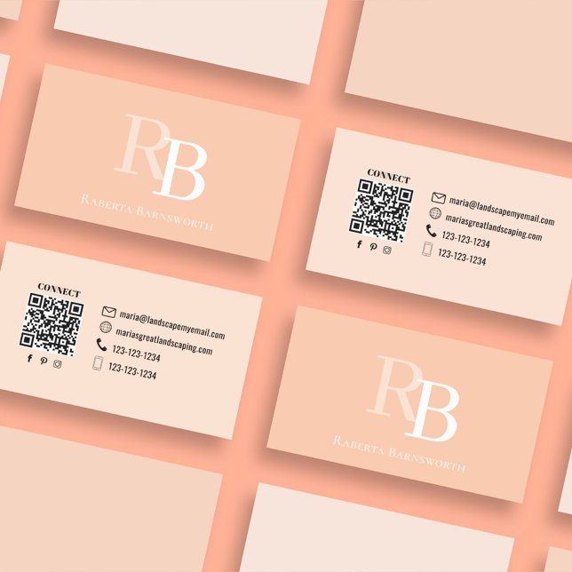 Carte De Visite Simple Monogramme Code QR Peach | Connectez-vous a (Simple monogram business card with solid colored peach theme.)