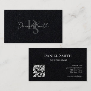Carte De Visite Simple Monogramme Initial QRcode Papier Noir Premi