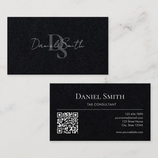 Carte De Visite Simple Monogramme Initial QRcode Papier Noir Premi (Devant / Derrière)