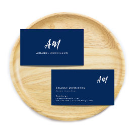 Carte De Visite Simple Navy Blue Deux Monogrammes Décontracté Scri