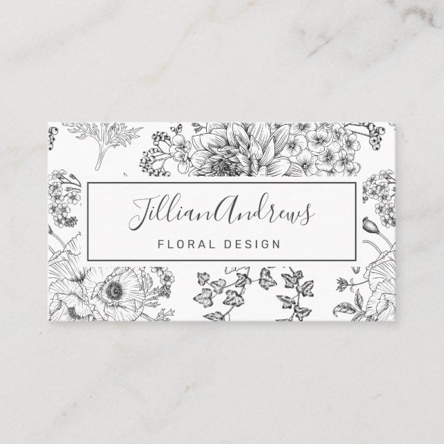 Carte De Visite Simple noir blanc Rose Floral Design Professionnel (Devant)