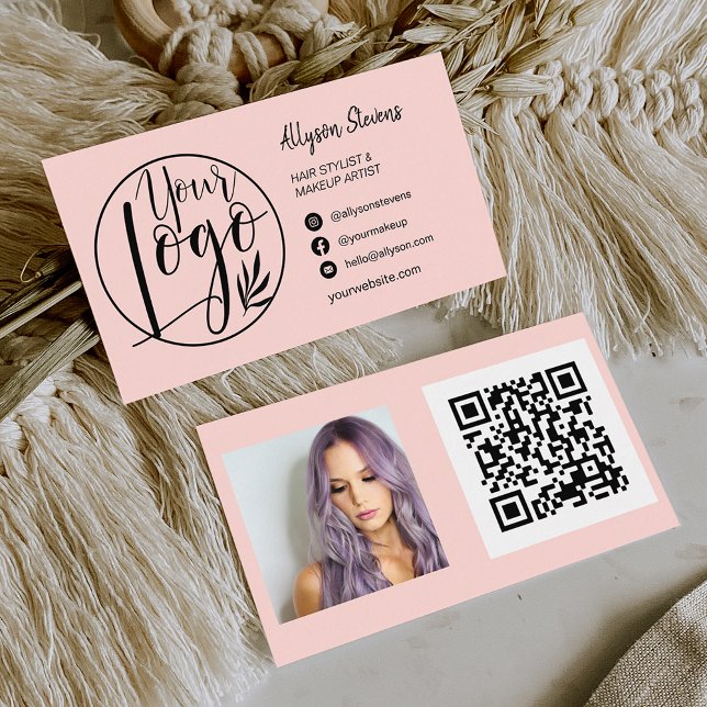 Carte De Visite Simple pastel rose cheveux maquillage photo logo q (Créateur téléchargé)