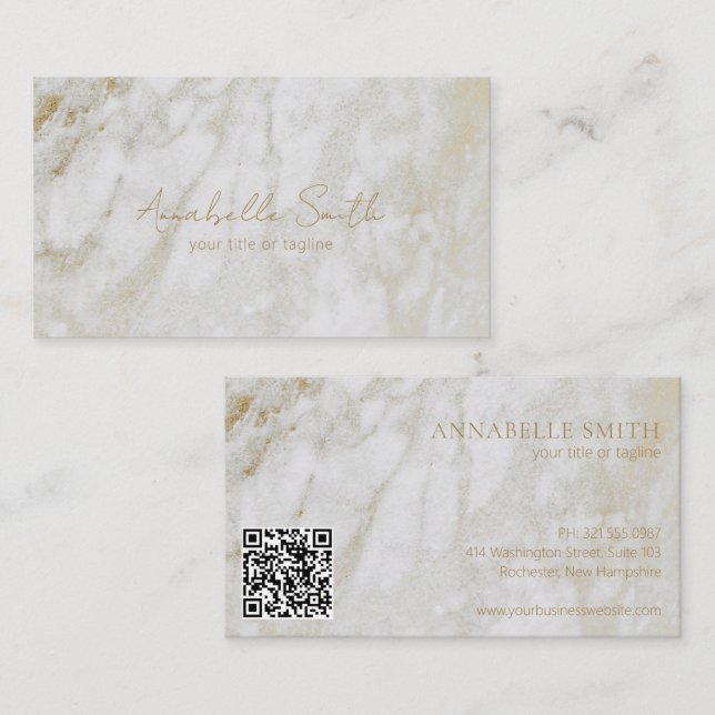 Carte De Visite Simple QR Code Moderne Elégant Marbre Or (Devant / Derrière)