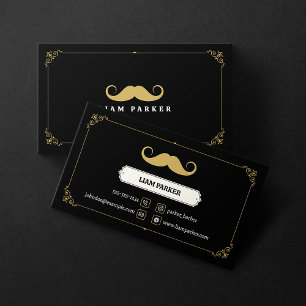 Carte De Visite Simple Salon de Coiffure à Moustache Noir et Or Vi